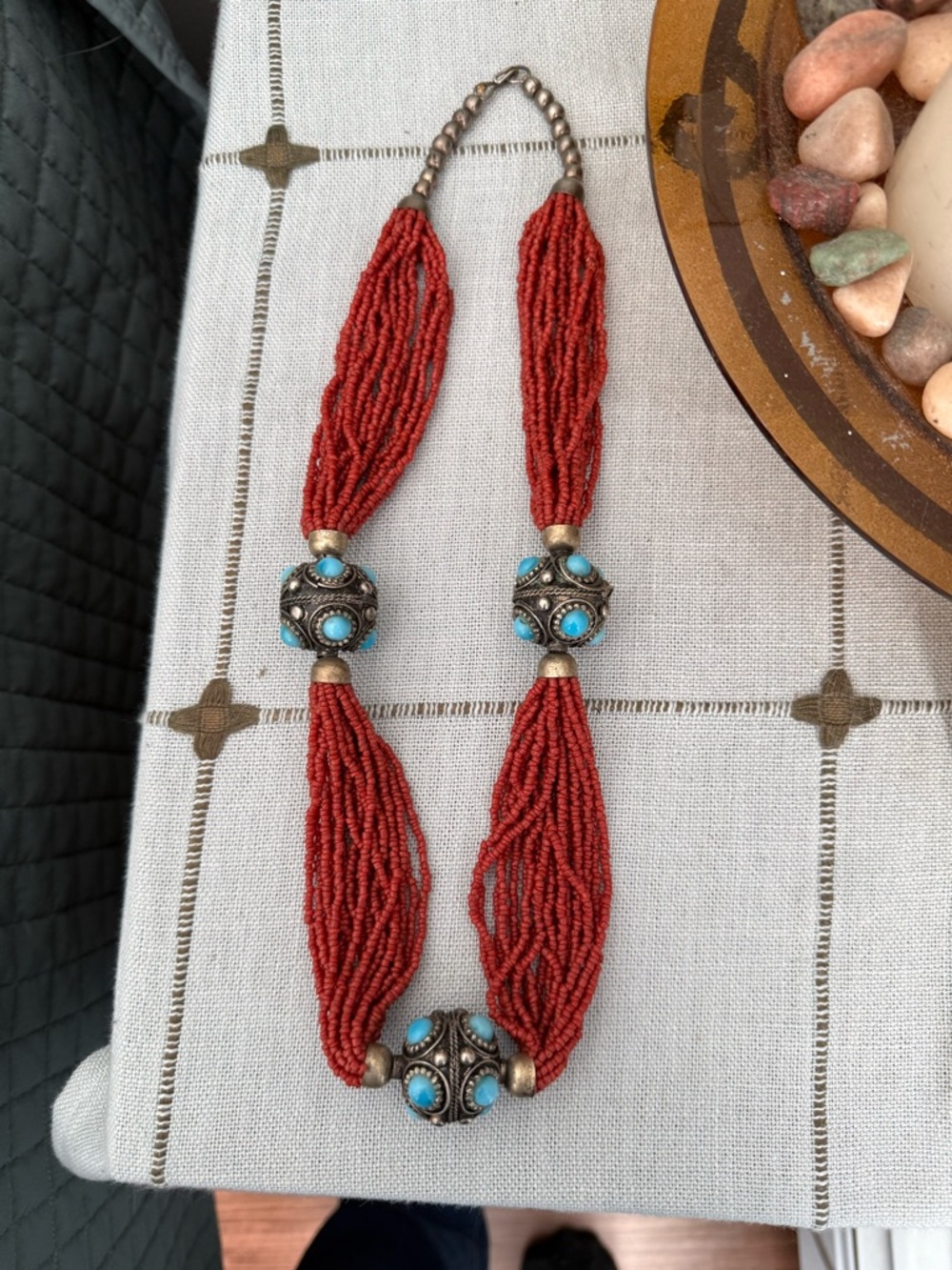 Red Beaded Statement Necklace with Turquoise Accents